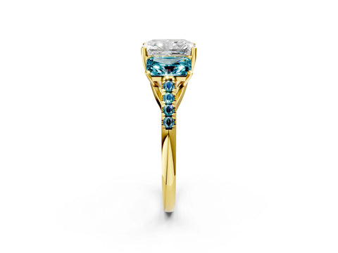 Yellow gold Three-Stone Radiant Cut Diamond Ring with Round with Blue Topaz side stone Pavé Band and Prong Setting_2