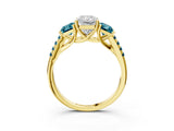 Yellow gold Three-Stone Radiant Cut Diamond Ring with Round with Blue Topaz side stone Pavé Band and Prong Setting_3