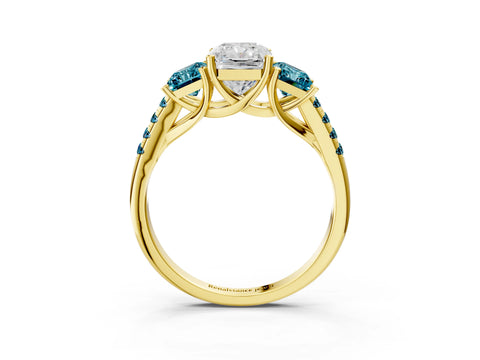 Yellow gold Three-Stone Radiant Cut Diamond Ring with Round with Blue Topaz side stone Pavé Band and Prong Setting_3