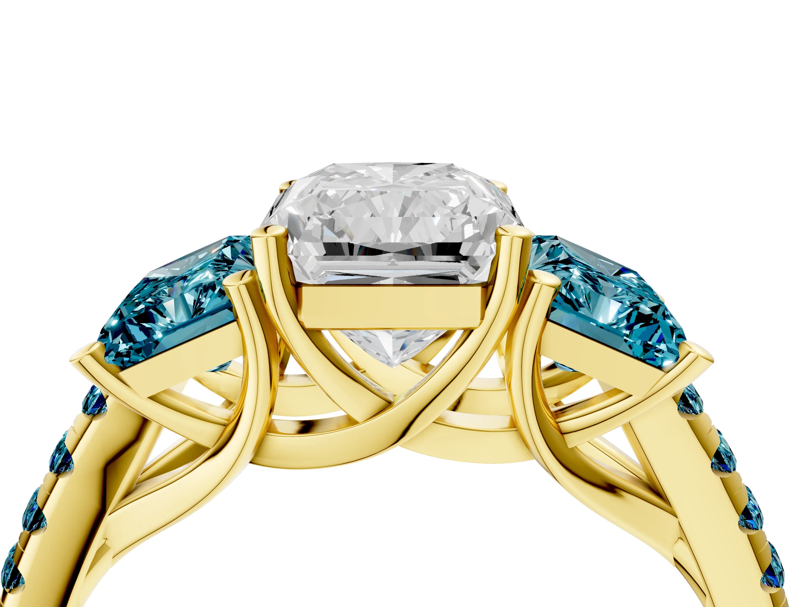 Yellow gold Three-Stone Radiant Cut Diamond Ring with Round with Blue Topaz side stone Pavé Band and Prong Setting_4
