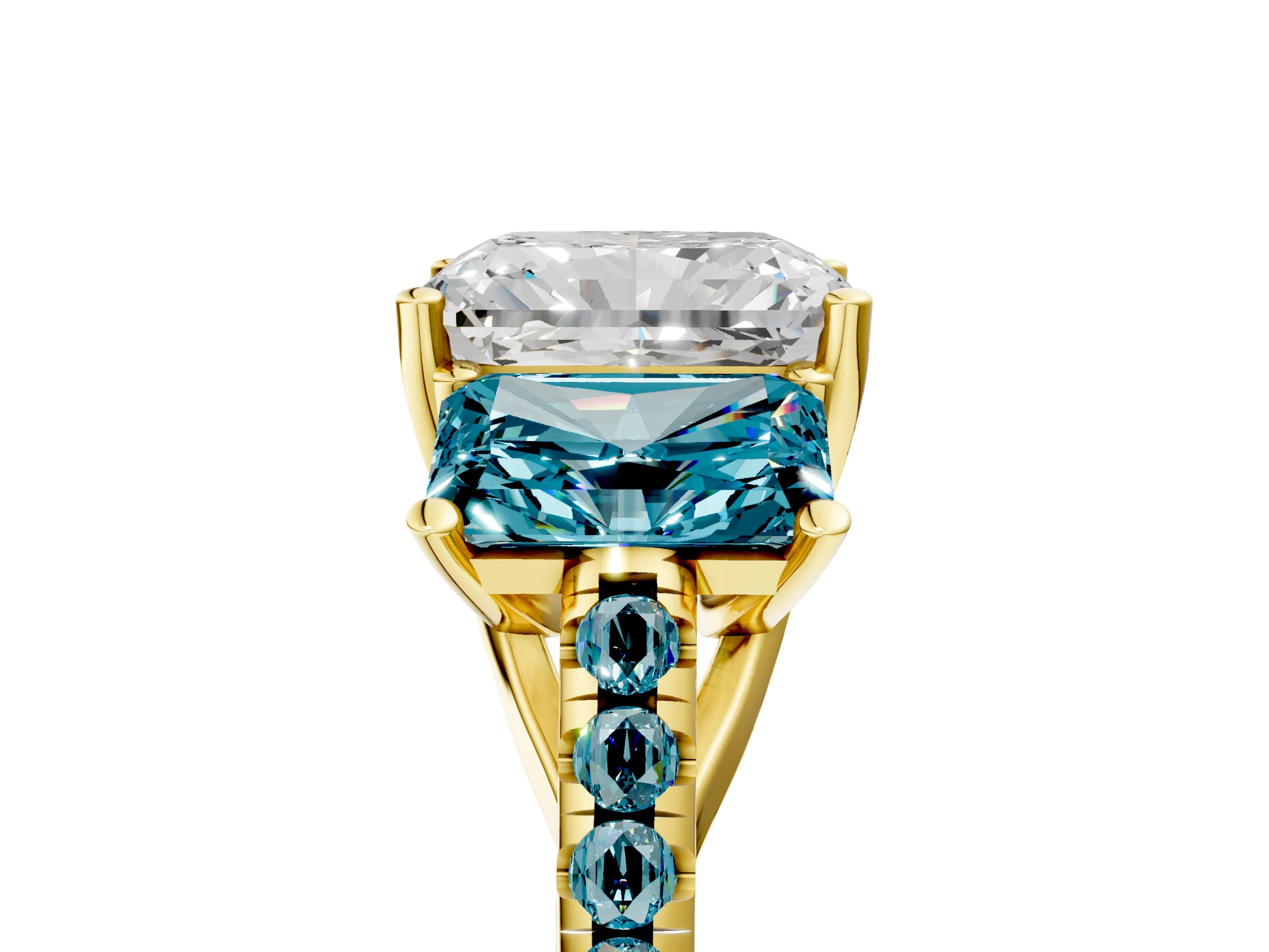 Yellow gold Three-Stone Radiant Cut Diamond Ring with Round with Blue Topaz side stone Pavé Band and Prong Setting_5
