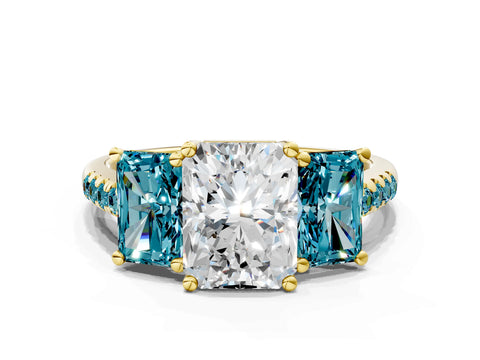 Yellow gold Three-Stone Radiant Cut Diamond Ring with Round with Blue Topaz side stone Pavé Band and Prong Setting