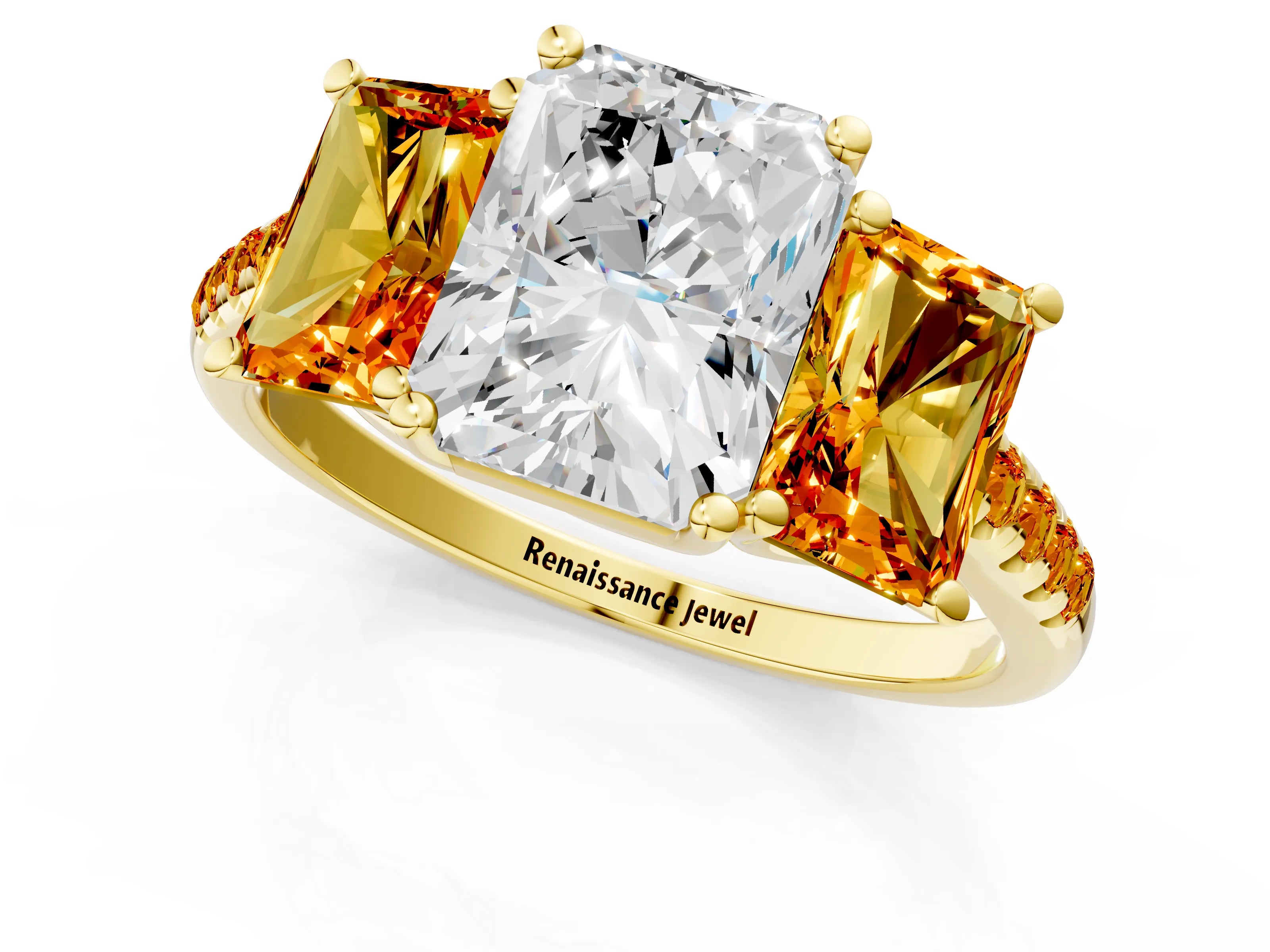 Yellow gold Three-Stone Radiant Cut Diamond Ring with Round with Citrine side stone Pavé Band and Prong Setting_1