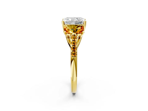 Yellow gold Three-Stone Radiant Cut Diamond Ring with Round with Citrine side stone Pavé Band and Prong Setting_2