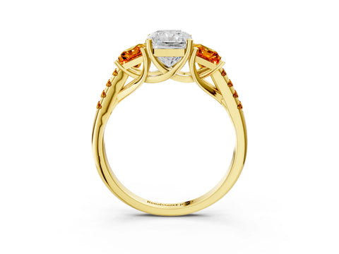 Yellow gold Three-Stone Radiant Cut Diamond Ring with Round with Citrine side stone Pavé Band and Prong Setting_3