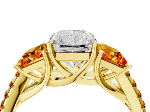 Yellow gold Three-Stone Radiant Cut Diamond Ring with Round with Citrine side stone Pavé Band and Prong Setting_4