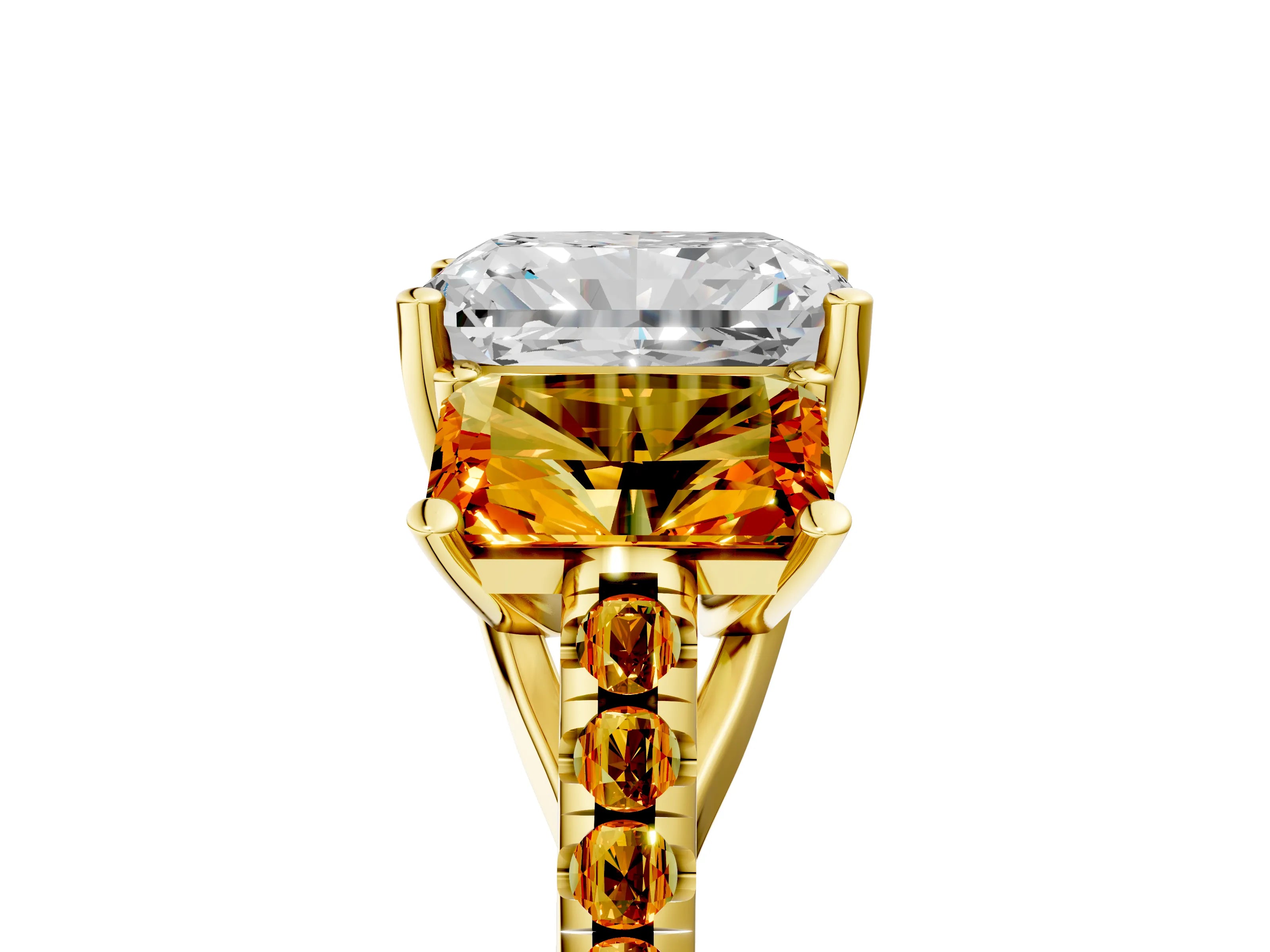 Yellow gold Three-Stone Radiant Cut Diamond Ring with Round with Citrine side stone Pavé Band and Prong Setting_5