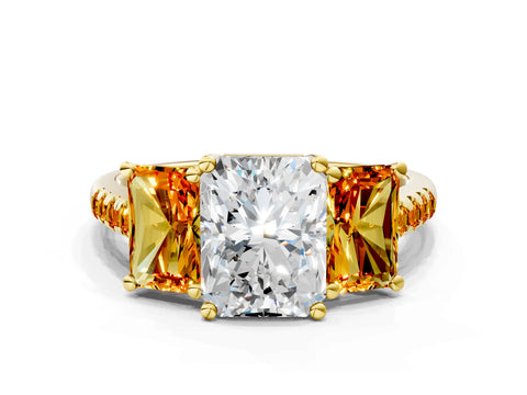 Yellow gold Three-Stone Radiant Cut Diamond Ring with Round with Citrine side stone Pavé Band and Prong Setting