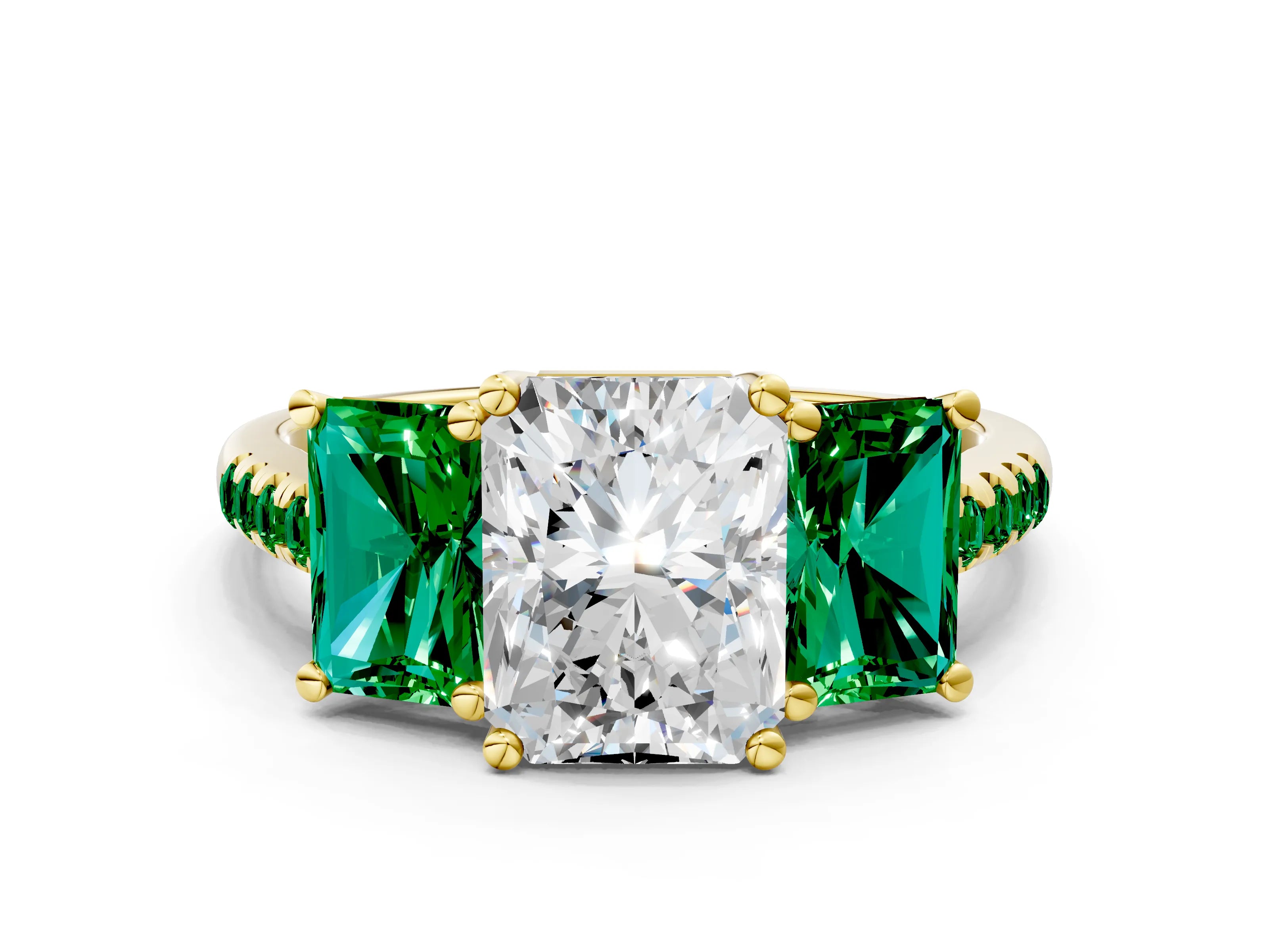 Yellow gold Three-Stone Radiant Cut Diamond Ring with Round with Emerald side stone Pavé Band and Prong Setting