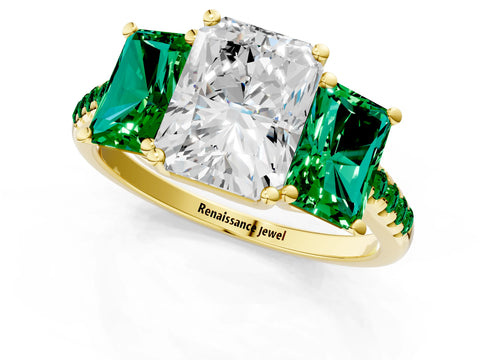 Yellow gold Three-Stone Radiant Cut Diamond Ring with Round with Emerald side stone Pavé Band and Prong Setting_1