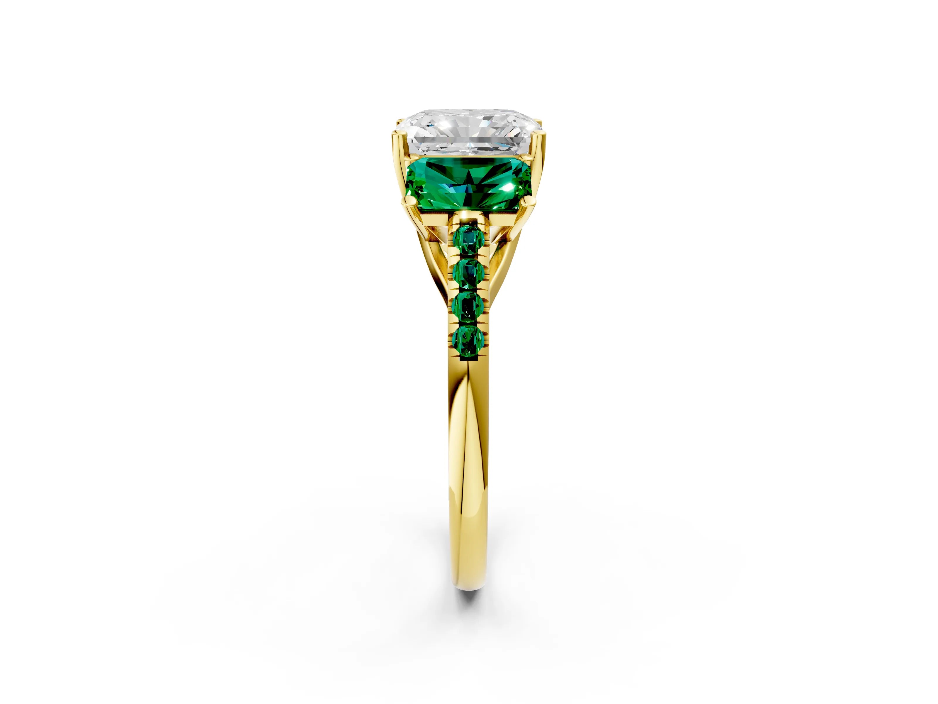 Yellow gold Three-Stone Radiant Cut Diamond Ring with Round with Emerald side stone Pavé Band and Prong Setting_2