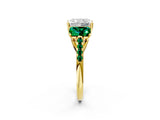 Yellow gold Three-Stone Radiant Cut Diamond Ring with Round with Emerald side stone Pavé Band and Prong Setting_2