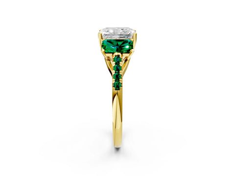 Yellow gold Three-Stone Radiant Cut Diamond Ring with Round with Emerald side stone Pavé Band and Prong Setting_2