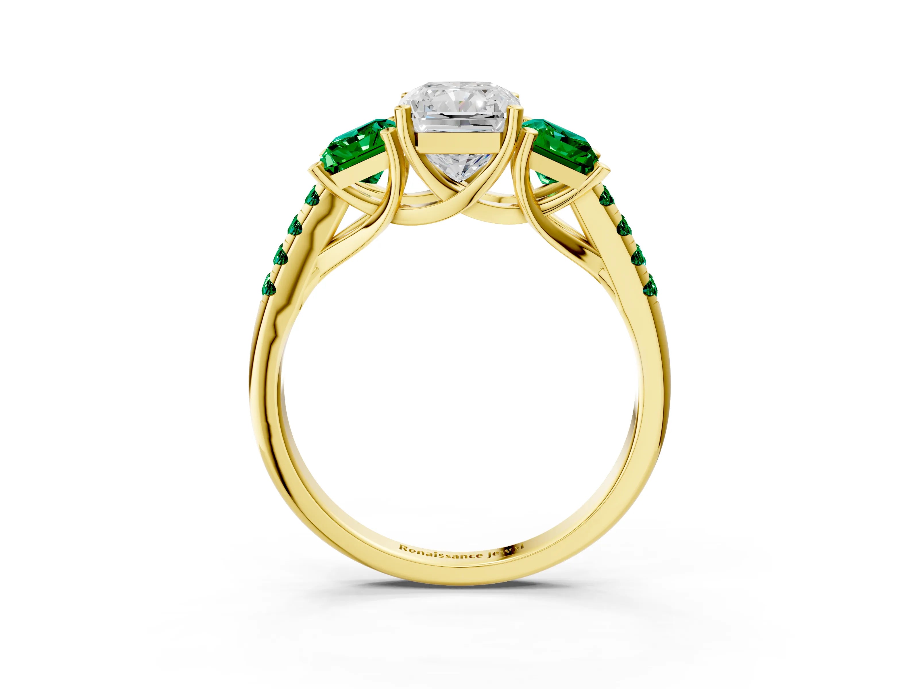 Yellow gold Three-Stone Radiant Cut Diamond Ring with Round with Emerald side stone Pavé Band and Prong Setting_3