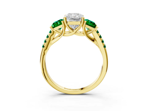 Yellow gold Three-Stone Radiant Cut Diamond Ring with Round with Emerald side stone Pavé Band and Prong Setting_3