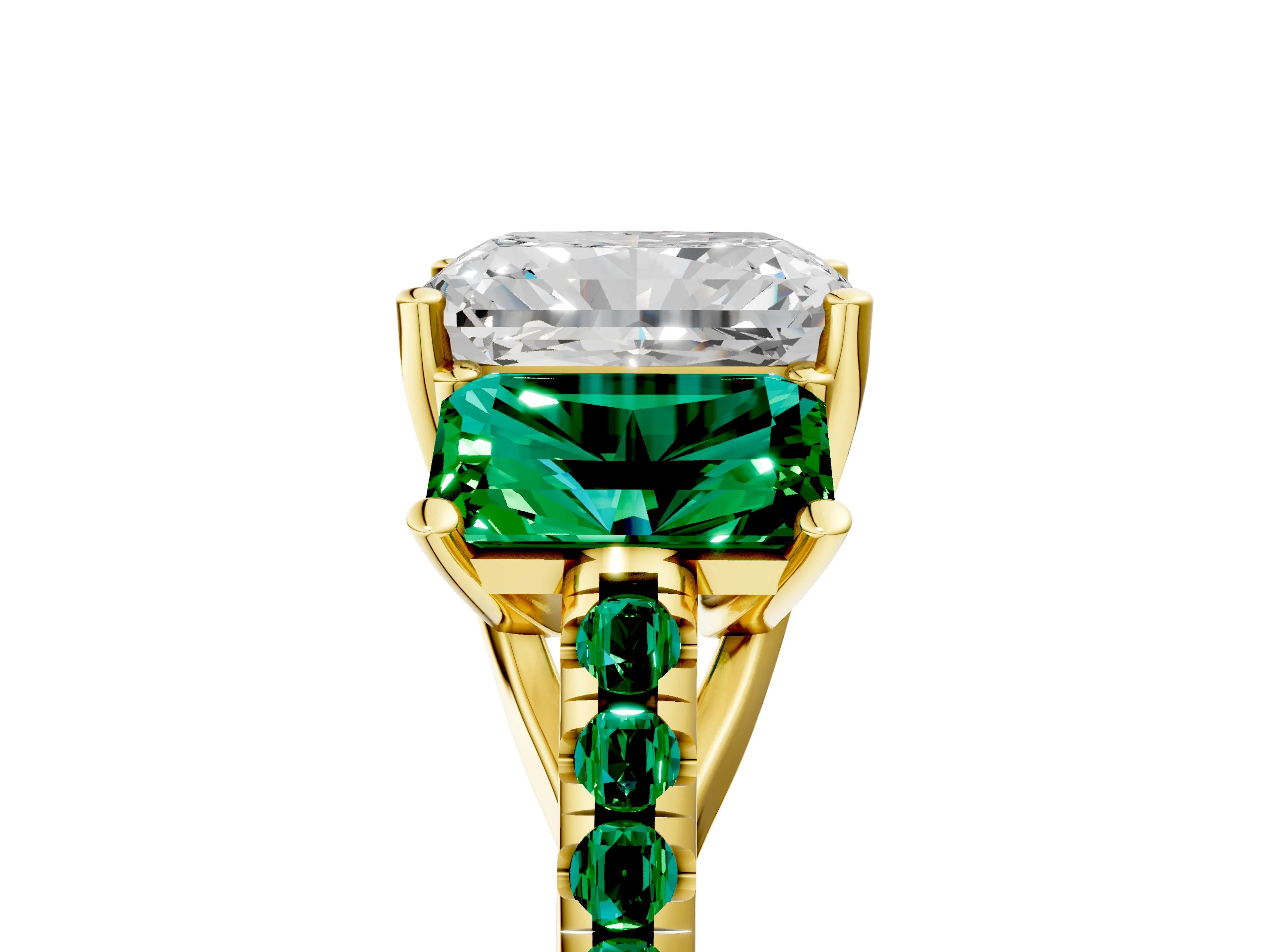 Yellow gold Three-Stone Radiant Cut Diamond Ring with Round with Emerald side stone Pavé Band and Prong Setting_5