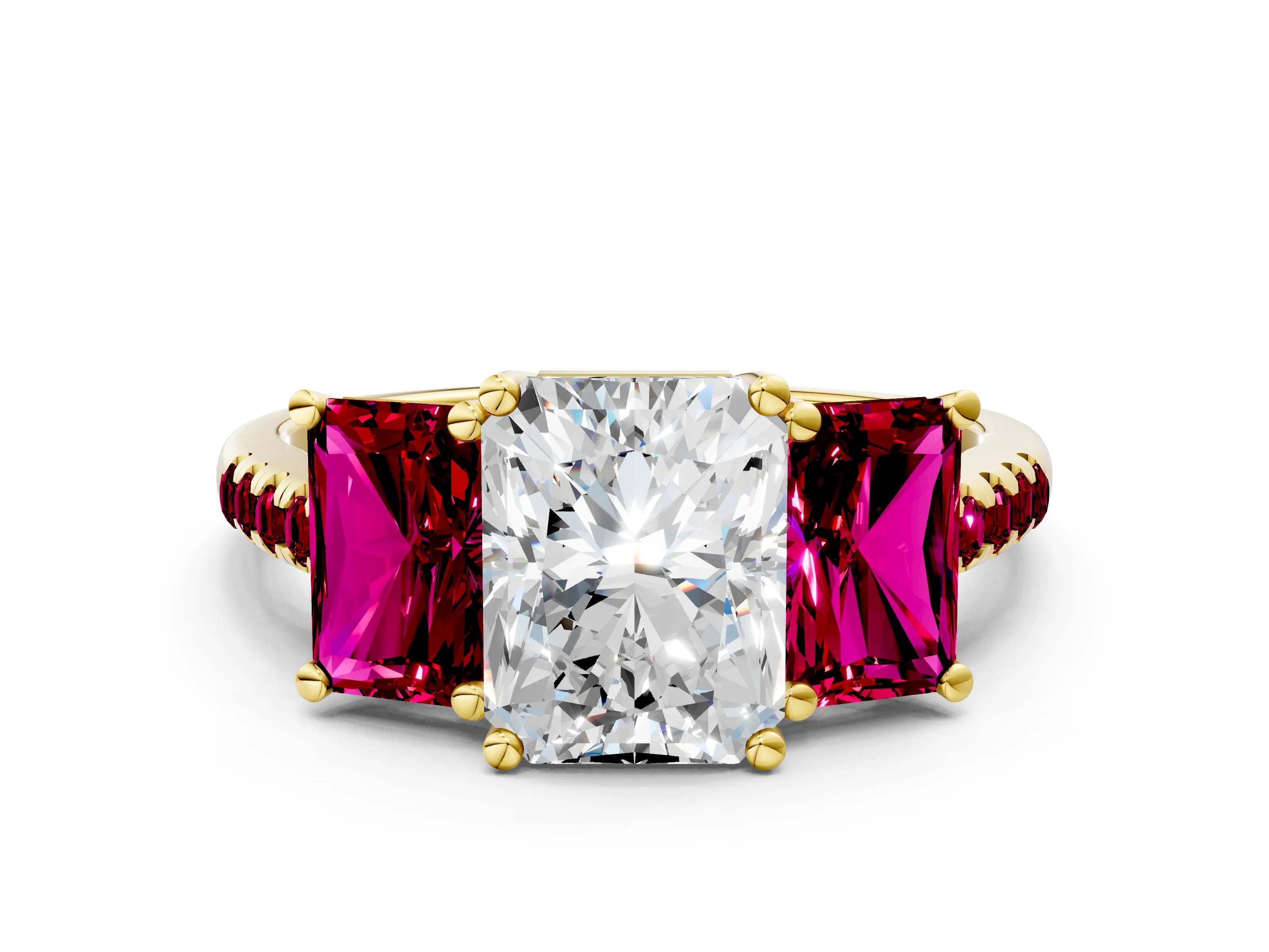 Yellow gold Three-Stone Radiant Cut Diamond Ring with Round with Garnet side stone Pavé Band and Prong Setting