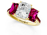 Yellow gold Three-Stone Radiant Cut Diamond Ring with Round with Garnet side stone Pavé Band and Prong Setting_1