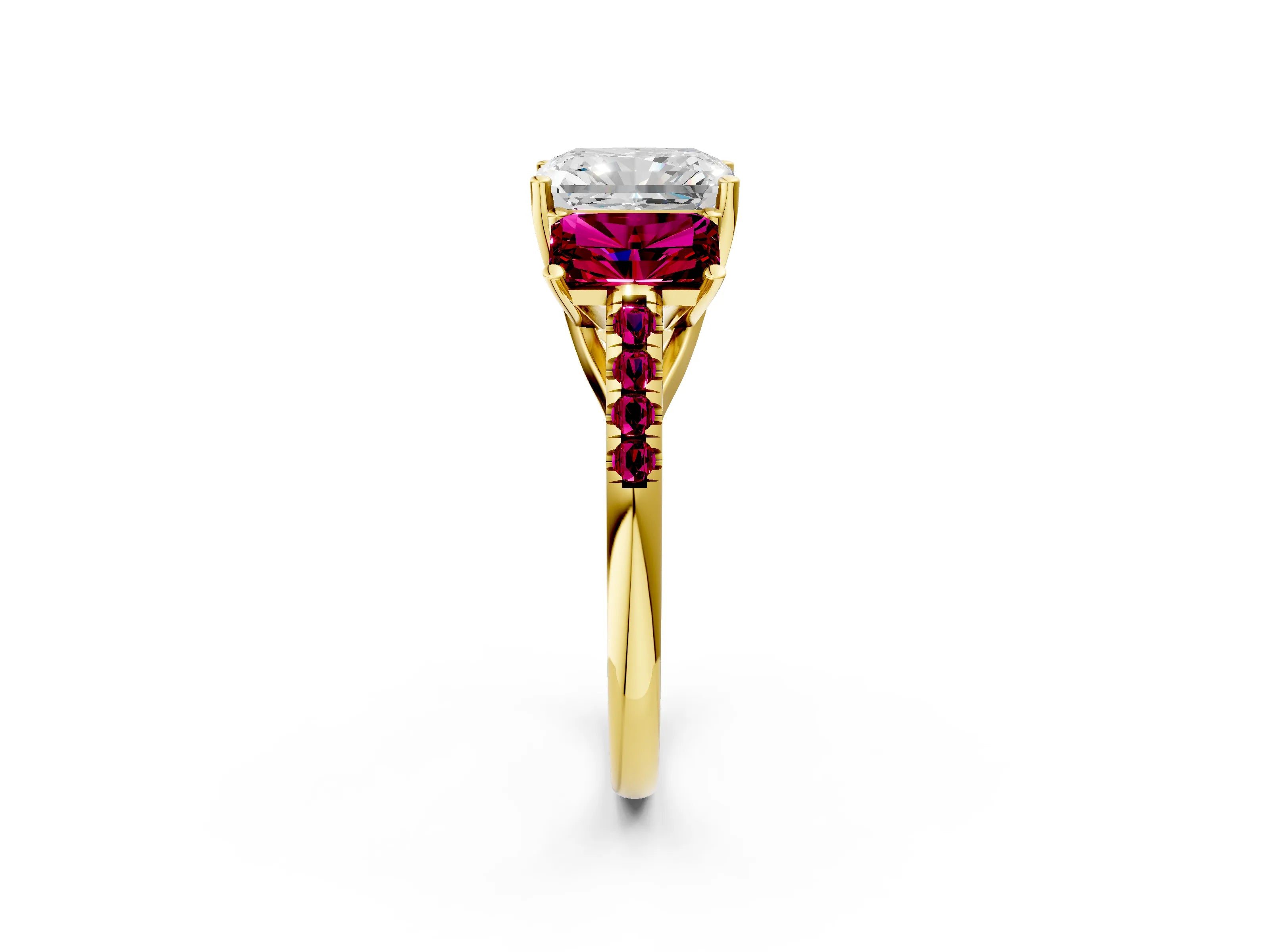 Yellow gold Three-Stone Radiant Cut Diamond Ring with Round with Garnet side stone Pavé Band and Prong Setting_2