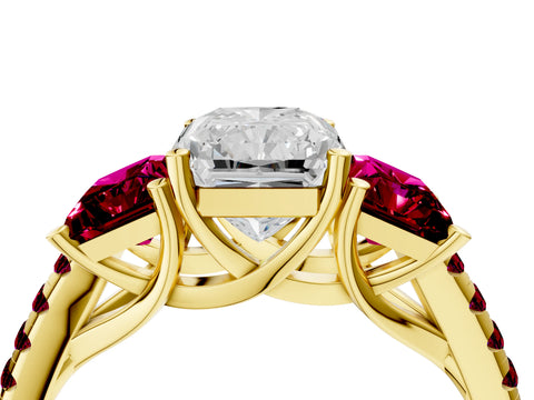 Yellow gold Three-Stone Radiant Cut Diamond Ring with Round with Garnet side stone Pavé Band and Prong Setting_4