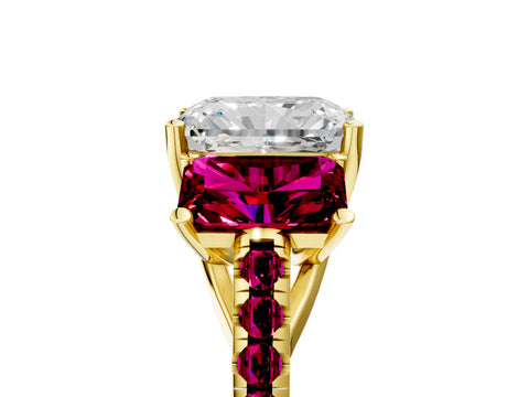 Yellow gold Three-Stone Radiant Cut Diamond Ring with Round with Garnet side stone Pavé Band and Prong Setting_5