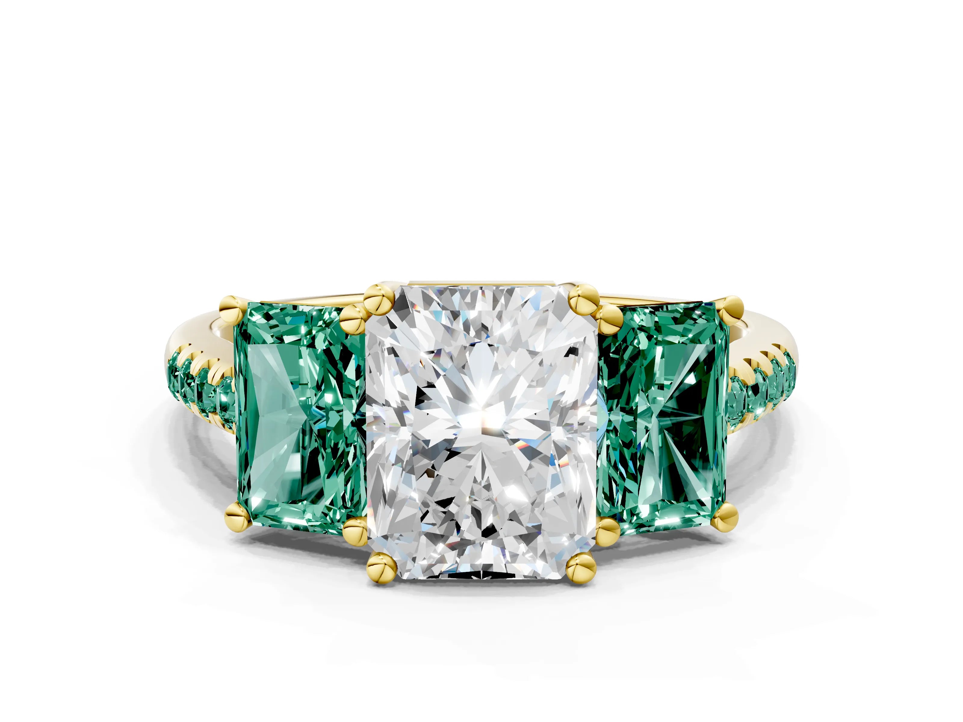 Yellow gold Three-Stone Radiant Cut Diamond Ring with Round with Green Sapphire side stone Pavé Band and Prong Setting