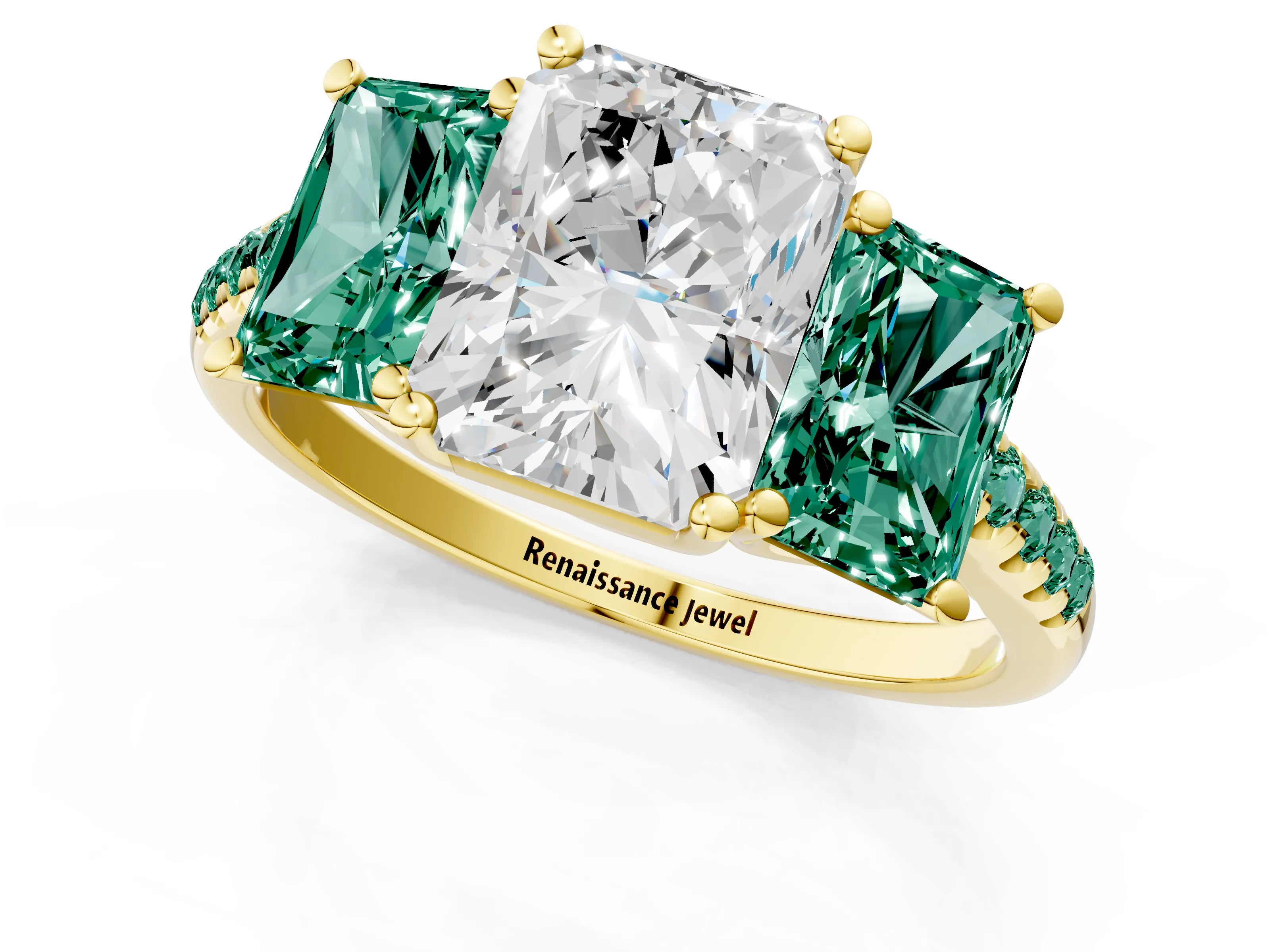 Yellow gold Three-Stone Radiant Cut Diamond Ring with Round with Green Sapphire side stone Pavé Band and Prong Setting_1