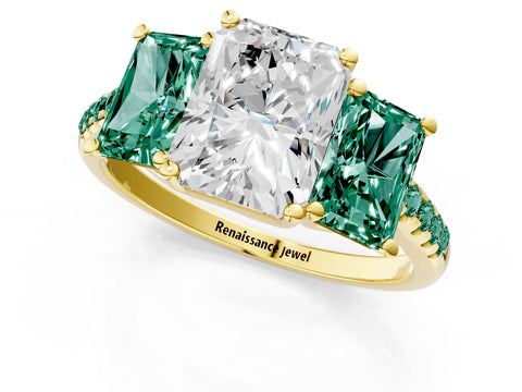 Yellow gold Three-Stone Radiant Cut Diamond Ring with Round with Green Sapphire side stone Pavé Band and Prong Setting_1