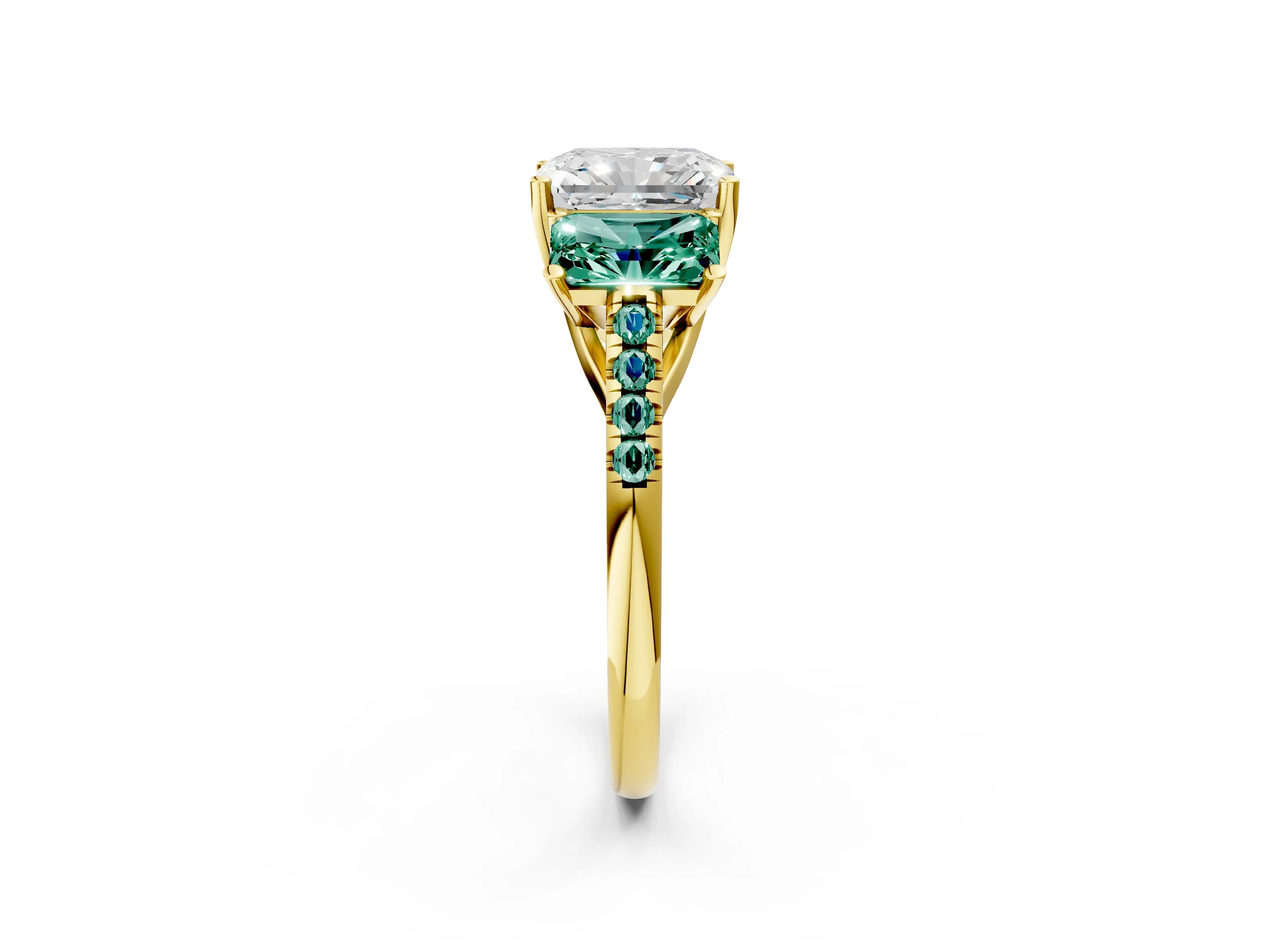 Yellow gold Three-Stone Radiant Cut Diamond Ring with Round with Green Sapphire side stone Pavé Band and Prong Setting_2