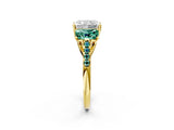Yellow gold Three-Stone Radiant Cut Diamond Ring with Round with Green Sapphire side stone Pavé Band and Prong Setting_2