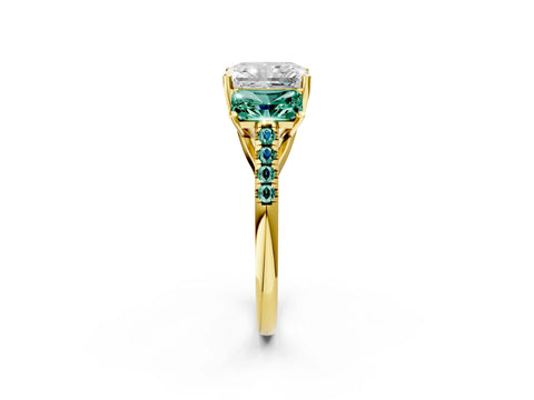 Yellow gold Three-Stone Radiant Cut Diamond Ring with Round with Green Sapphire side stone Pavé Band and Prong Setting_2