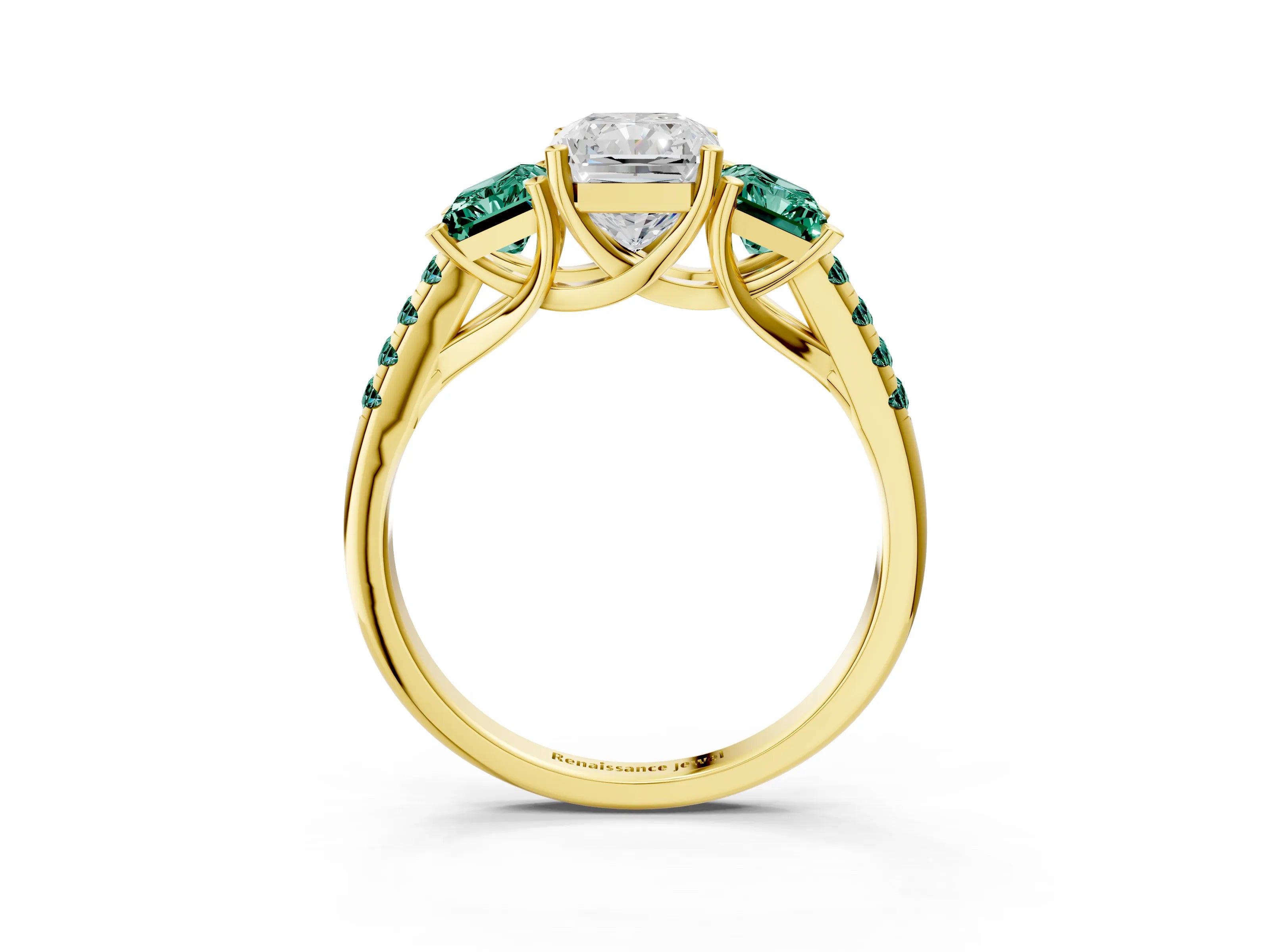Yellow gold Three-Stone Radiant Cut Diamond Ring with Round with Green Sapphire side stone Pavé Band and Prong Setting_3
