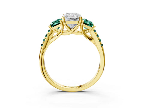 Yellow gold Three-Stone Radiant Cut Diamond Ring with Round with Green Sapphire side stone Pavé Band and Prong Setting_3