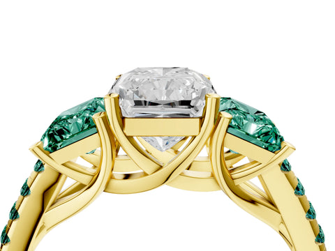 Yellow gold Three-Stone Radiant Cut Diamond Ring with Round with Green Sapphire side stone Pavé Band and Prong Setting_4