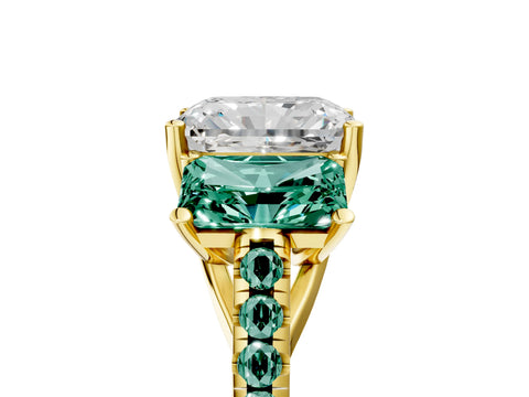 Yellow gold Three-Stone Radiant Cut Diamond Ring with Round with Green Sapphire side stone Pavé Band and Prong Setting_5