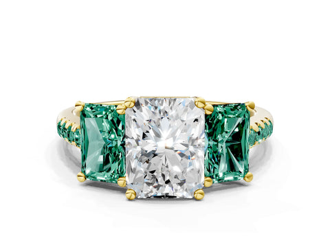 Yellow gold Three-Stone Radiant Cut Diamond Ring with Round with Green Sapphire side stone Pavé Band and Prong Setting