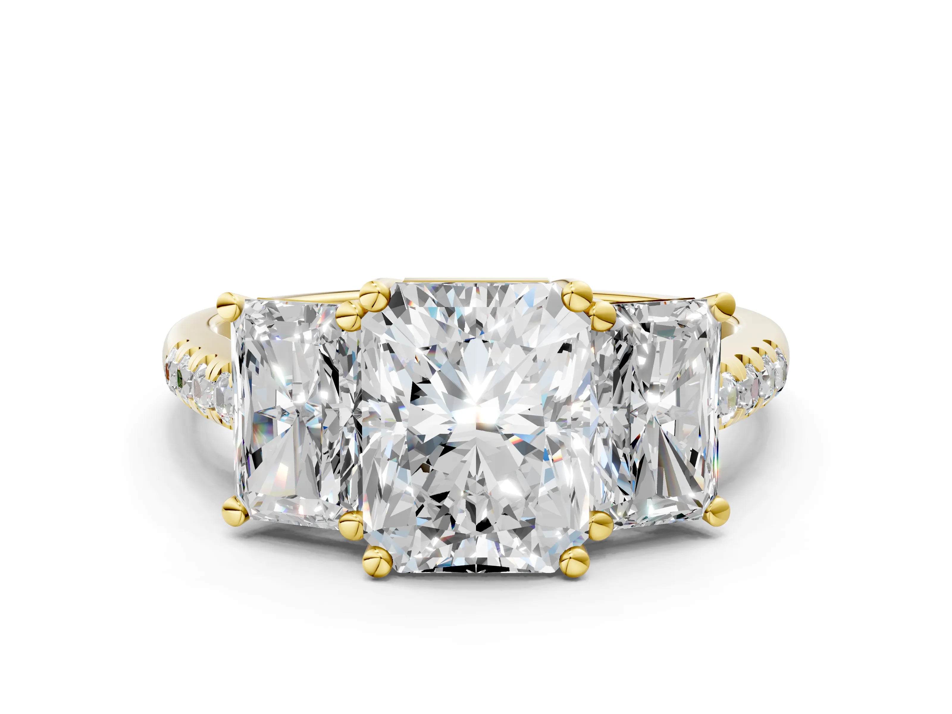 Yellow gold Three-Stone Radiant Cut Diamond Ring with Round with Moissanite side stone Pavé Band and Prong Setting