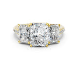 Yellow gold Three-Stone Radiant Cut Diamond Ring with Round with Moissanite side stone Pavé Band and Prong Setting