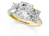 Yellow gold Three-Stone Radiant Cut Diamond Ring with Round with Moissanite side stone Pavé Band and Prong Setting_1