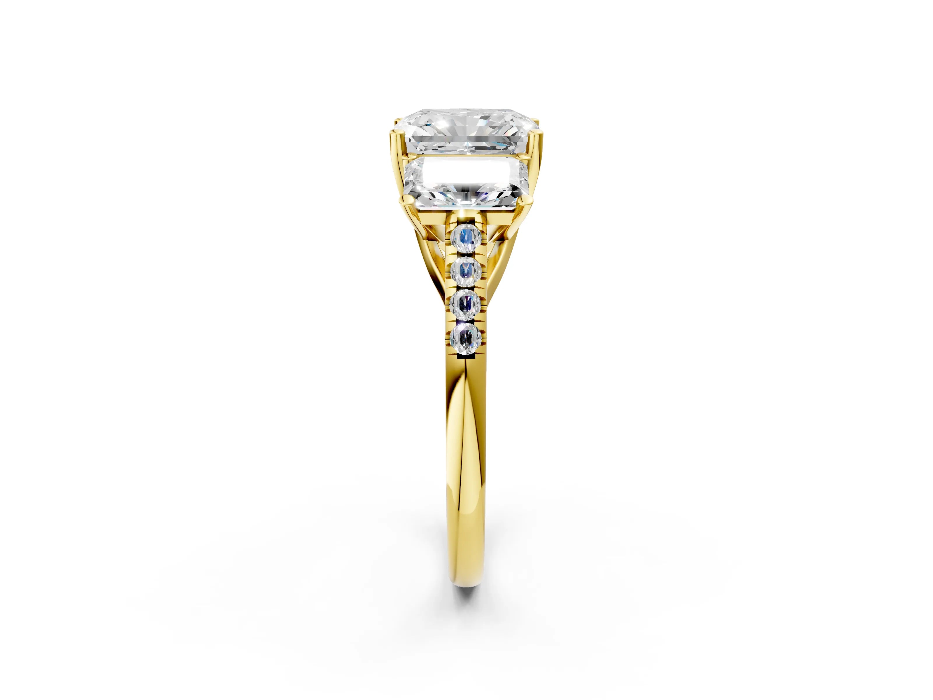 Yellow gold Three-Stone Radiant Cut Diamond Ring with Round with Moissanite side stone Pavé Band and Prong Setting_2