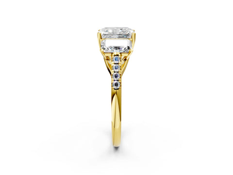 Yellow gold Three-Stone Radiant Cut Diamond Ring with Round with Moissanite side stone Pavé Band and Prong Setting_2