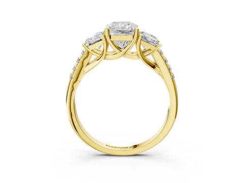 Yellow gold Three-Stone Radiant Cut Diamond Ring with Round with Moissanite side stone Pavé Band and Prong Setting_3