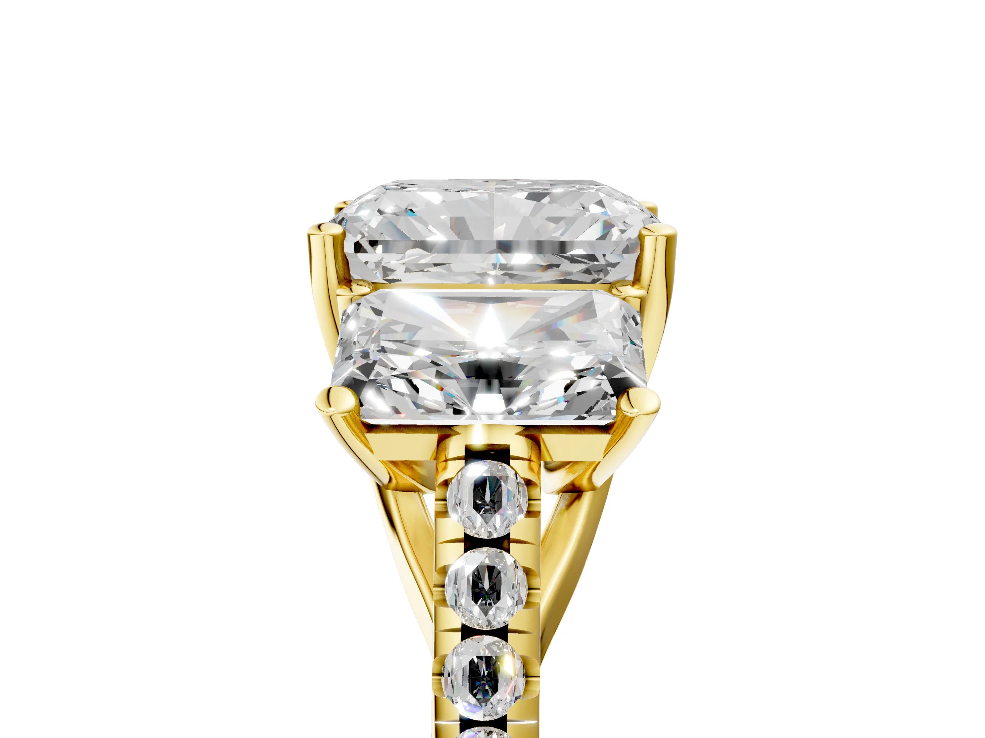 Yellow gold Three-Stone Radiant Cut Diamond Ring with Round with Moissanite side stone Pavé Band and Prong Setting_5