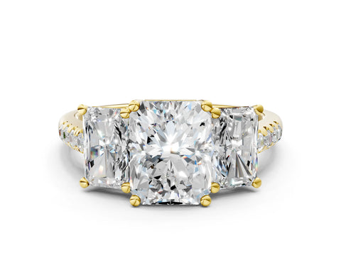 Yellow gold Three-Stone Radiant Cut Diamond Ring with Round with Moissanite side stone Pavé Band and Prong Setting