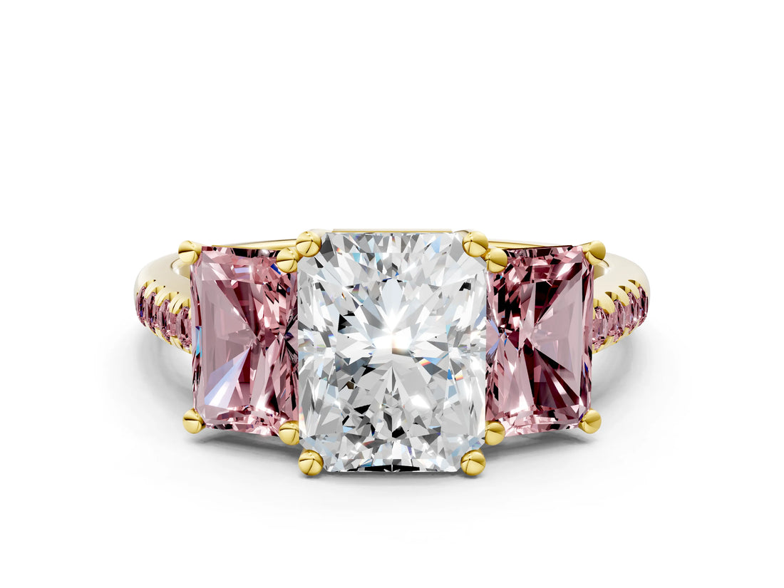 Yellow gold Three-Stone Radiant Cut Diamond Ring with Round with Morganite side stone Pavé Band and Prong Setting