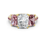 Yellow gold Three-Stone Radiant Cut Diamond Ring with Round with Morganite side stone Pavé Band and Prong Setting