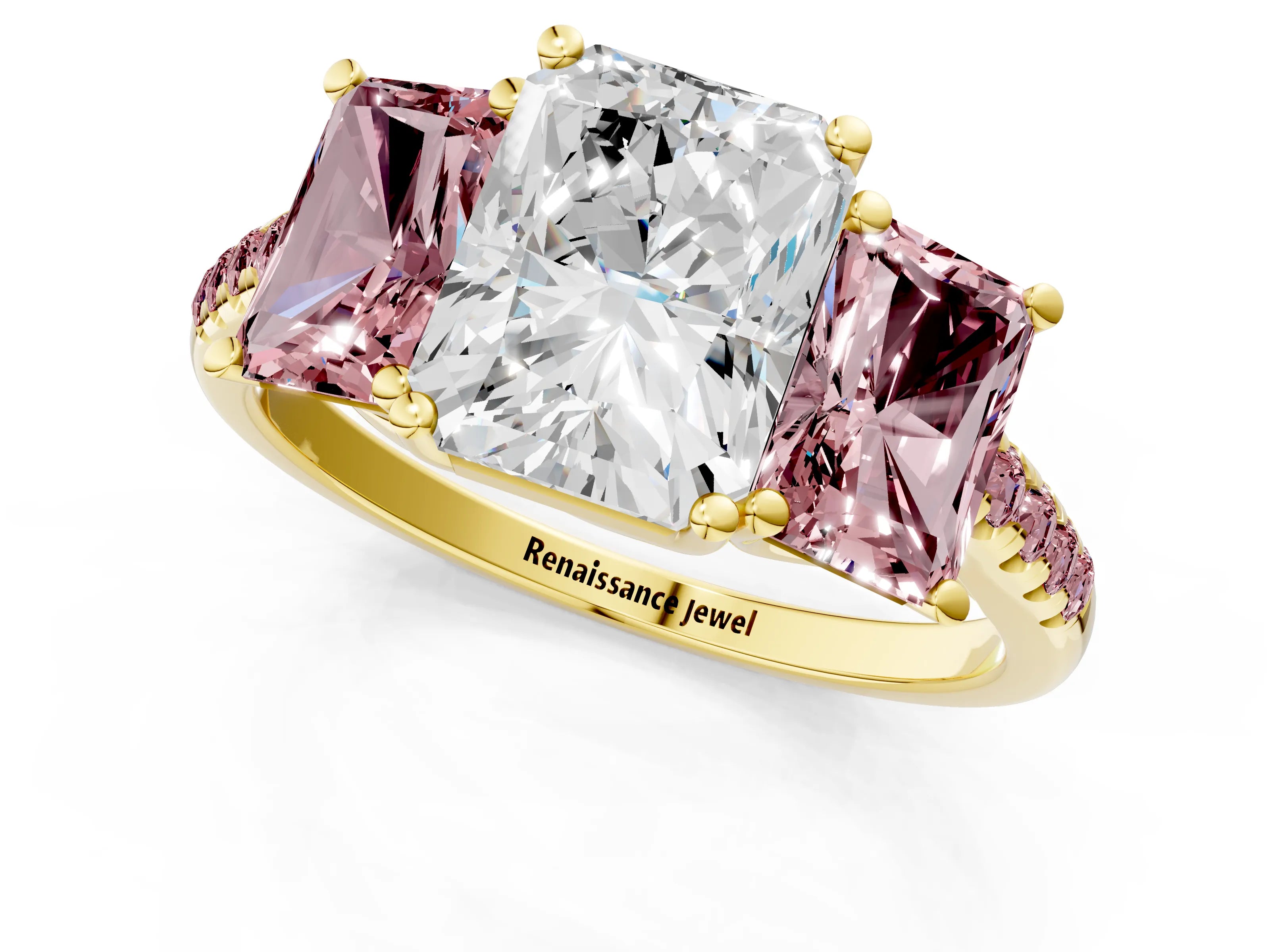 Yellow gold Three-Stone Radiant Cut Diamond Ring with Round with Morganite side stone Pavé Band and Prong Setting_1