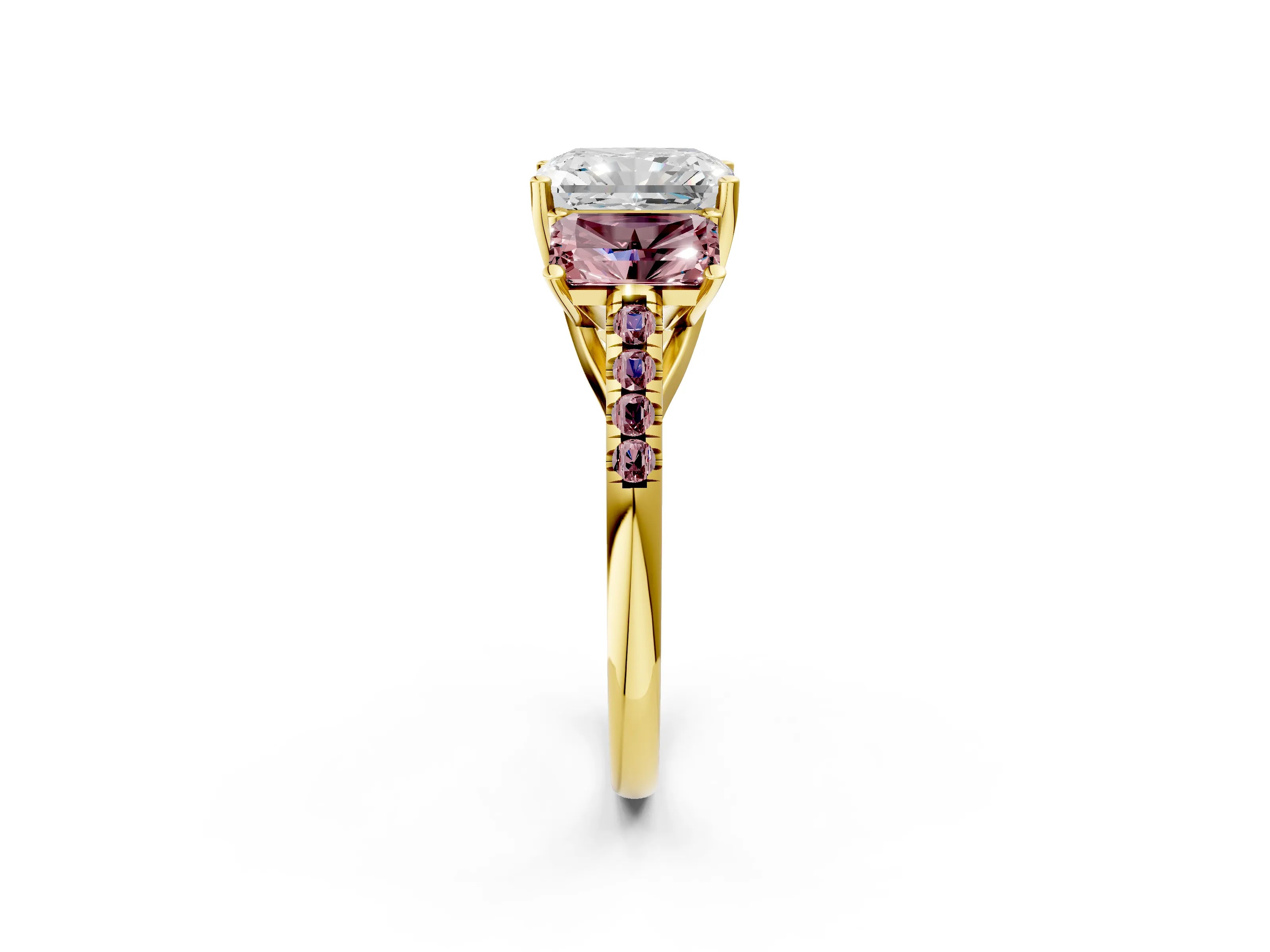 Yellow gold Three-Stone Radiant Cut Diamond Ring with Round with Morganite side stone Pavé Band and Prong Setting_2