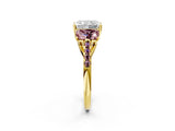 Yellow gold Three-Stone Radiant Cut Diamond Ring with Round with Morganite side stone Pavé Band and Prong Setting_2