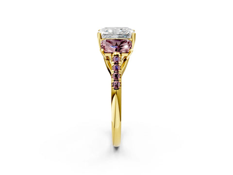 Yellow gold Three-Stone Radiant Cut Diamond Ring with Round with Morganite side stone Pavé Band and Prong Setting_2